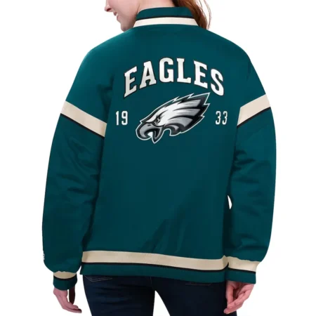 Model wearing Philadelphia Eagles Green Varsity Jacket back