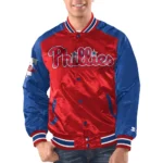 Model in Philadelphia Phillie Varsity Satin Jacket Front