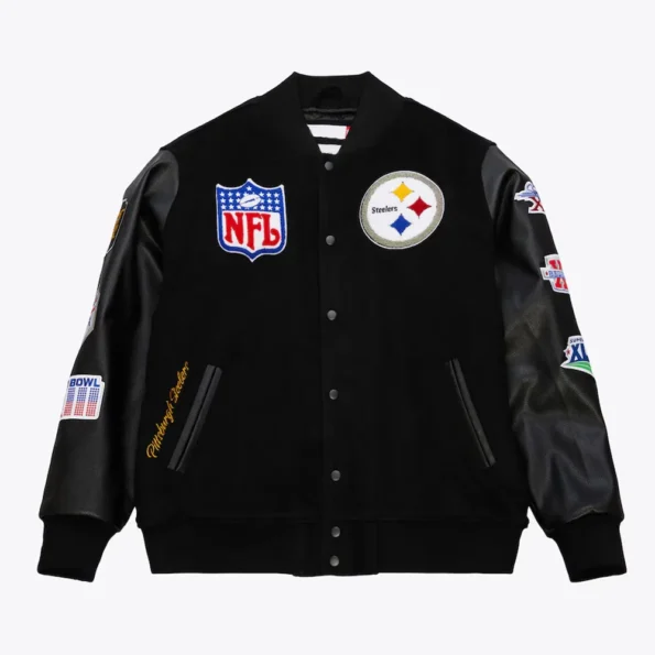 Front view of Pittsburgh Steeler Vintage Varsity Jacket