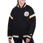 Model wearing Pittsburgh Steelers Varsity Jacket front