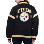 Model in Pittsburgh Steelers Varsity Jacket Front