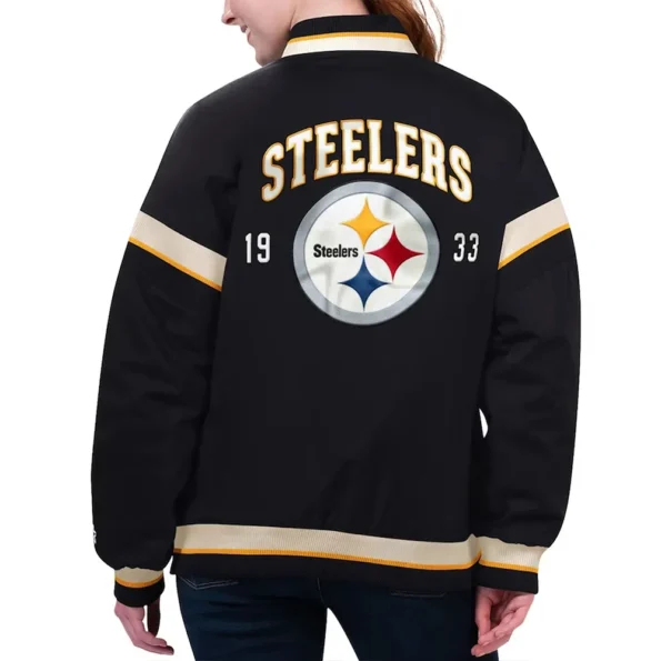 Model wearing Pittsburgh Steelers Varsity Jacket back