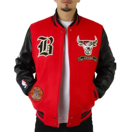 Model wearing Chicago Bulls Plaid Patche Varsity Jacket front view