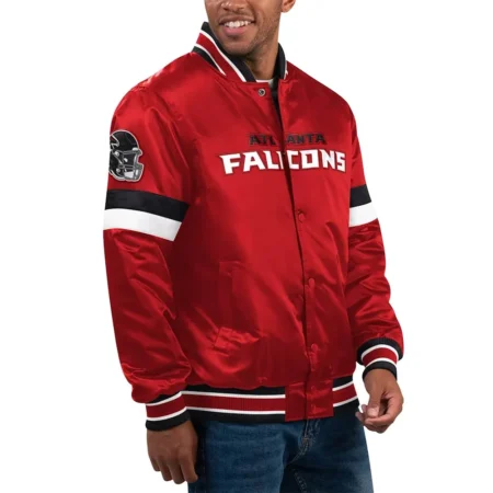 Model wearing Atlanta Falcons Locker Varsity Jacket front