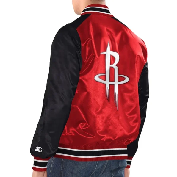 Model wearing Houston Rockets Renegade Varsity Jacket back