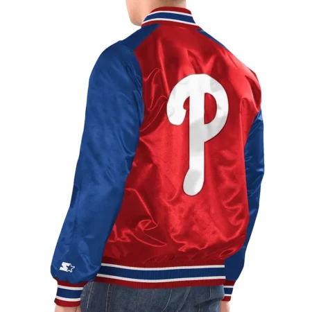 Model wearing Philadelphia Phillie Varsity Satin Jacket back view