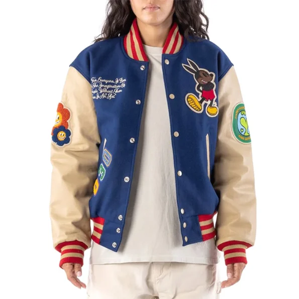 Model wearing Ozzy Varsity Letterman Jacket front view