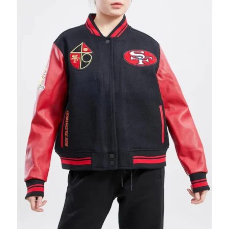 Model wearing San Francisco 49ers Retro Varsity Jacket front view