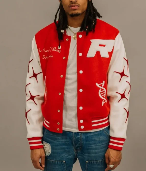 Model wearing Retrovert Rebirth Varsity Jacket front view