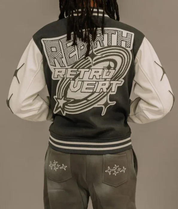 Model wearing Retrovert Rebirth Varsity Jacket back view