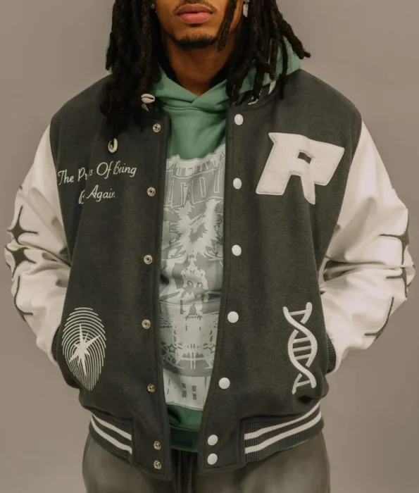 Model wearing Retrovert Rebirth Varsity Jacket front view