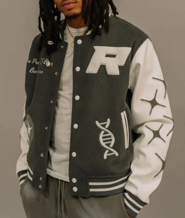 Side view of model wearing Retrovert Rebirth Varsity Jacket