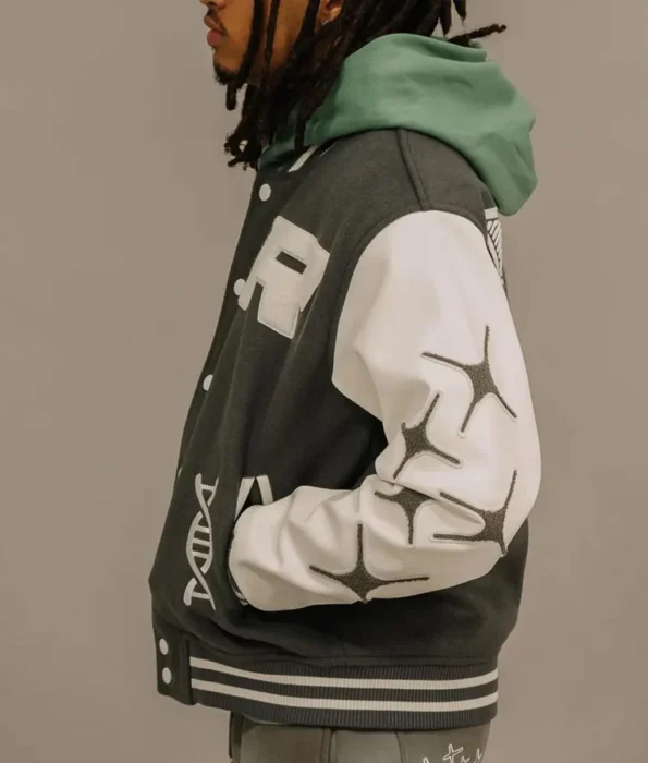 Side view of model wearing Retrovert Rebirth Varsity Jacket