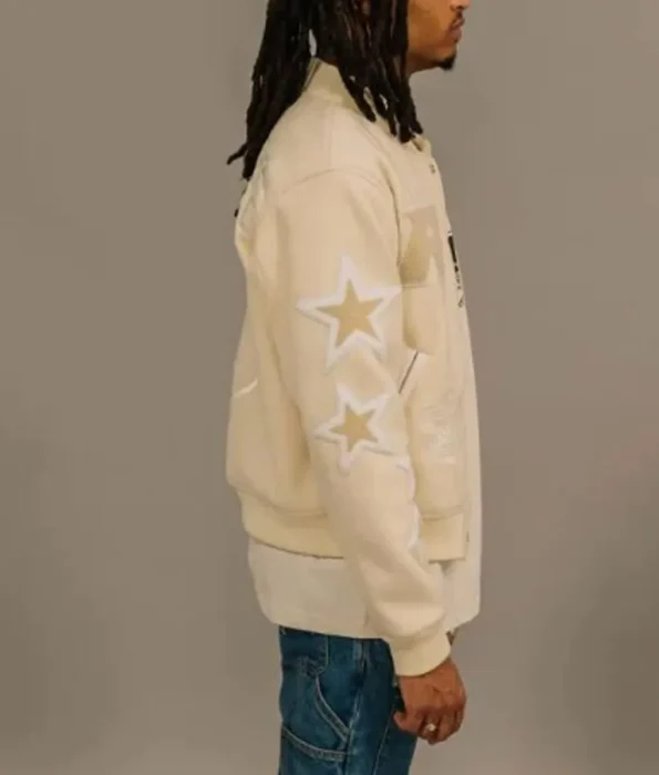 Side view of model wearing Retrovert Rebirth Varsity Jacket