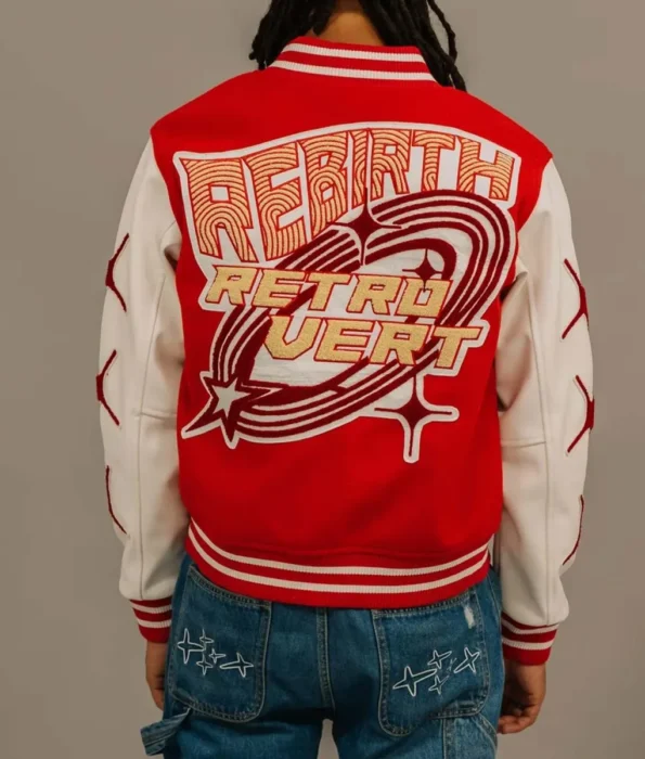 Model wearing Retrovert Rebirth Varsity Jacket back view