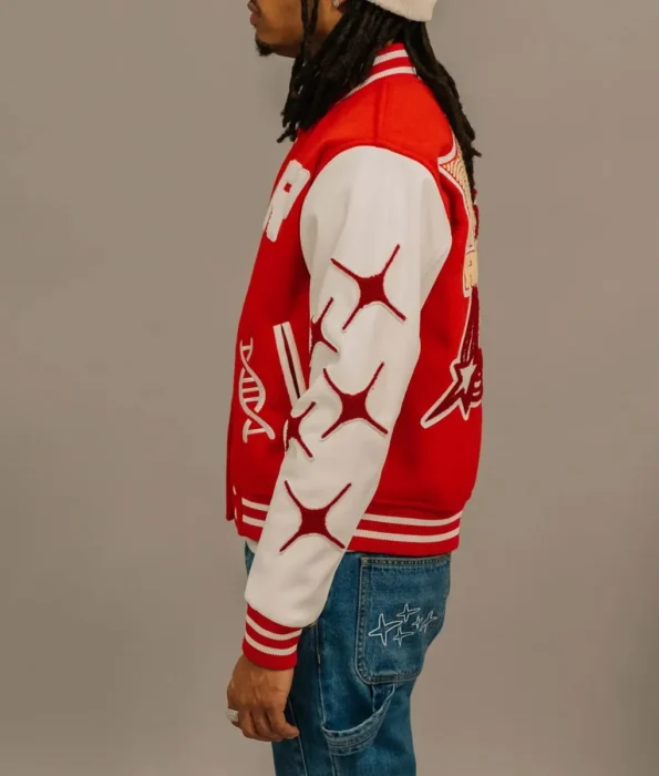 Side view of model wearing Retrovert Rebirth Varsity Jacket