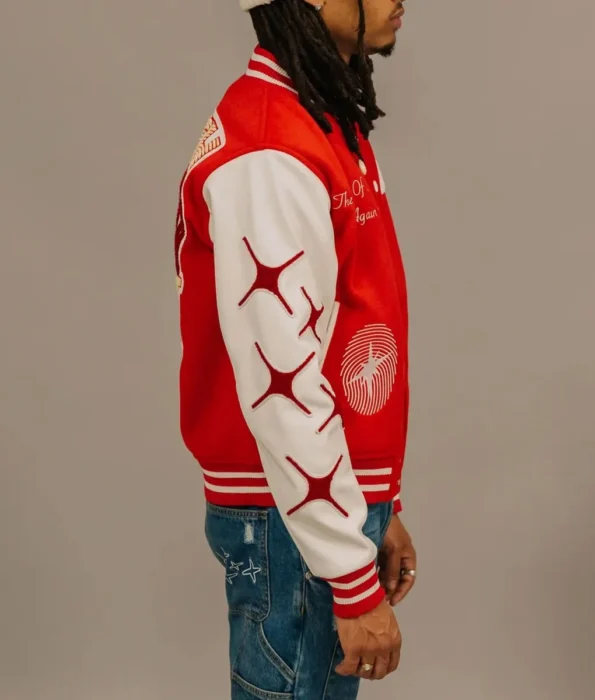 Side view of model wearing Retrovert Rebirth Varsity Jacket