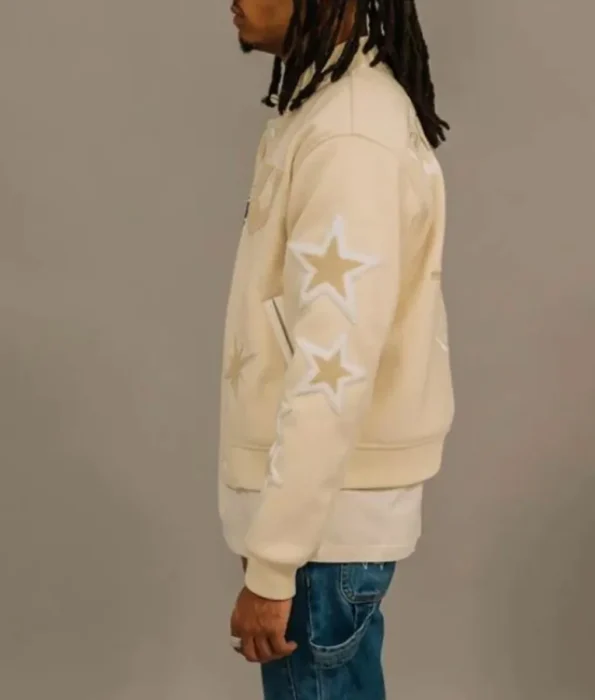 Side view of model wearing Retrovert Rebirth Varsity Jacket