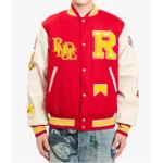 Model wearing Rhude Bull Market Varsity Jacket front view