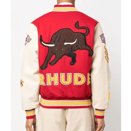 Model wearing Rhude Bull Market Varsity Jacket back view