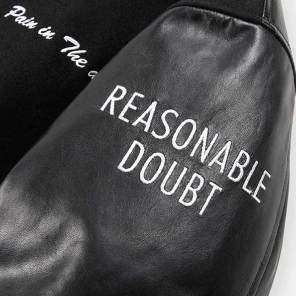 Close-up of Reasonable Doubt Varsity Jacket details