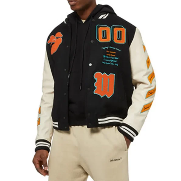 Side view of model wearing Rumi Carter Super Bowl Varsity Jacket