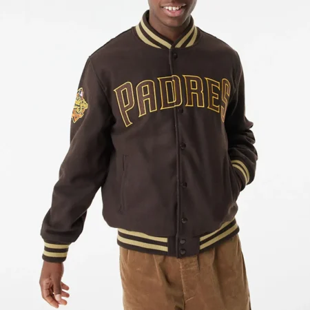 Model wearing San Diego Padres Brown Varsity Jacket front view