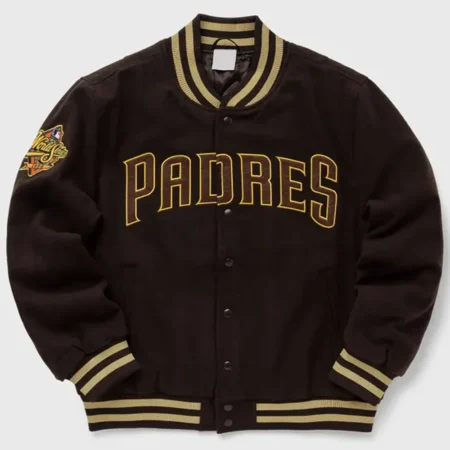 Front view of San Diego Padres Brown Varsity Jacket