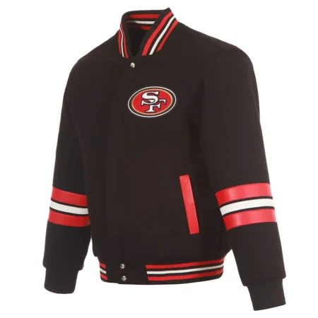 Front view of San Francisco 49ers Striped Varsity Jacket