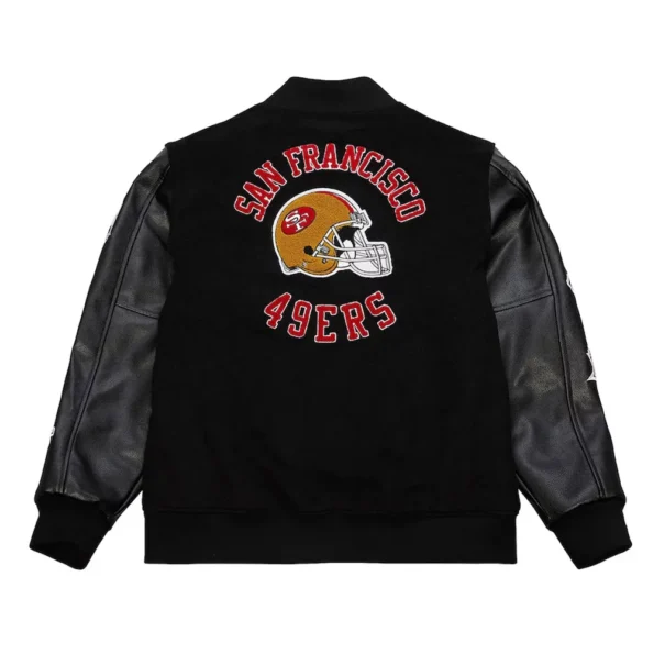 The front of the San Francisco 49ers Vintage Varsity Jacket highlights the classic logo and bold red design.