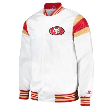 San Francisco 49ers White Varsity Jacket front view with logo