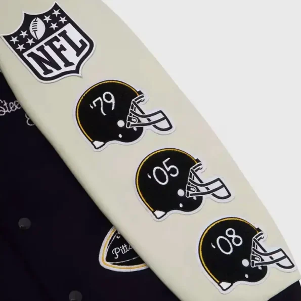 Close-up of Pittsburgh Steelers Snoop Varsity Jacket details