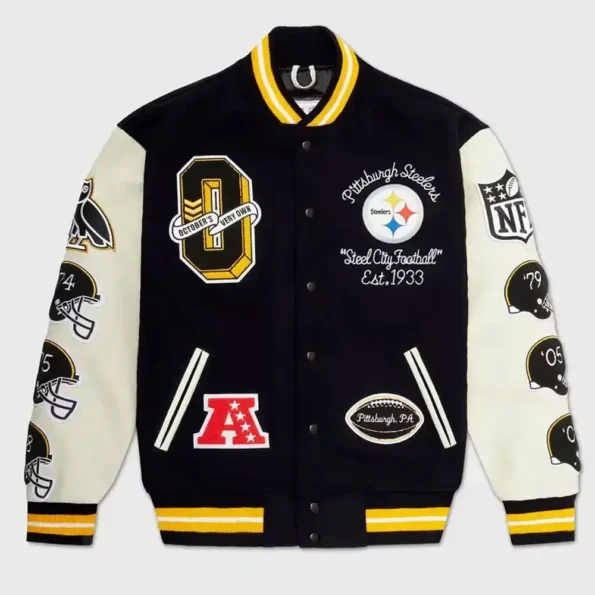 Front view of Pittsburgh Steelers Snoop Varsity Jacket