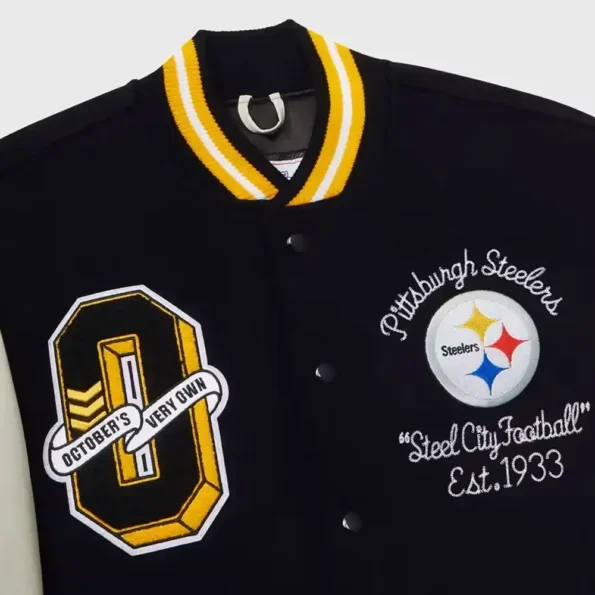 Close-up of Pittsburgh Steelers Snoop Varsity Jacket details