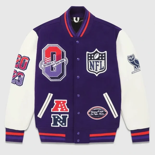 Front view of OVO Super Bowl LVIII Varsity Jacket