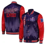 Front and back view of Super Bowl LVIII Purple Varsity Jacket