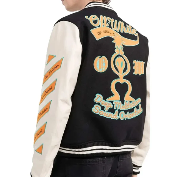 Model wearing Rumi Carter Super Bowl Varsity Jacket back view