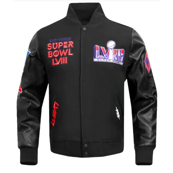 Front view of Superbowl LVIII Varsity Jacket