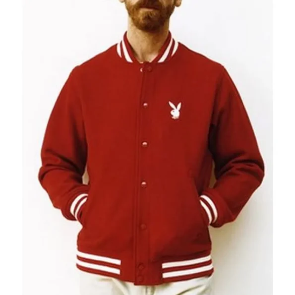 Model wearing Supreme Playboy Varsity Wool Jacket front view