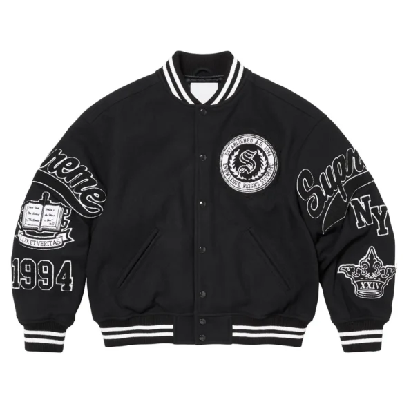 Front view of Veritas Varsity Jacket in classic design