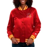 Model wearing Tampa Bay Buccaneers Count Varsity Jacket front