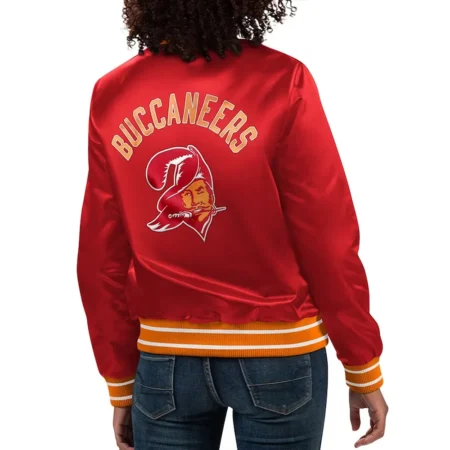 Model wearing Tampa Bay Buccaneers Count Varsity Jacket back