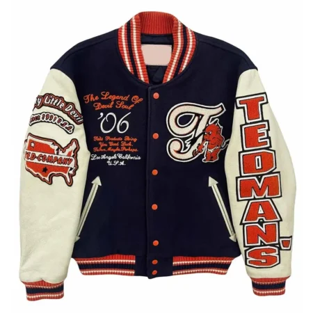 Front view of Lucky Devil Varsity Jacket