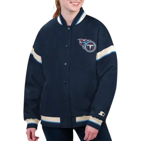 Model wearing Tennessee Titans Navy Varsity Jacket front