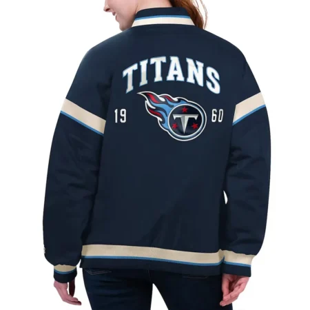 Model wearing Tennessee Titans Navy Varsity Jacket back