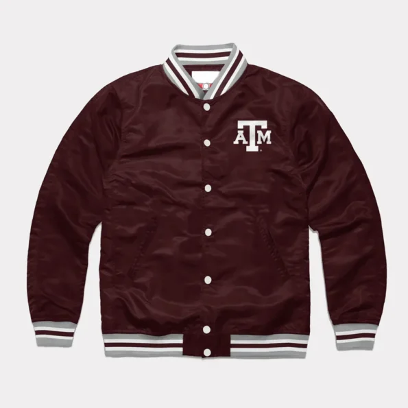 Front view of Texas AM Aggies Wine Varsity Satin Jacket