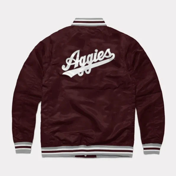 Back view of Texas AM Aggies Wine Varsity Satin Jacket