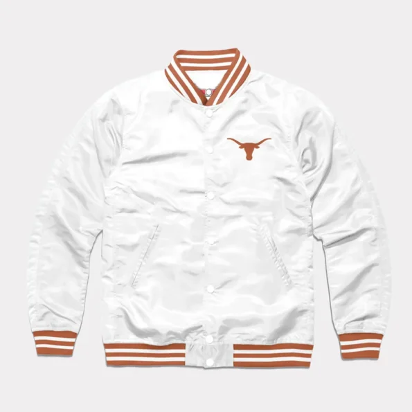 Front view of Texas Longhorns White Varsity Jacket