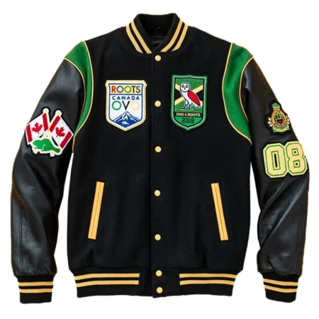 Front view of The Roots OVO Calgary Varsity Jacket