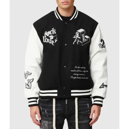 Model wearing Tough Love Black and White Varsity Jacket front